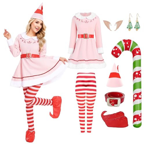Ficlwigkis Buddy Elfen Kostüm Herren Damen Grün Rosa Elfen Kostüm Weihnachten Buddy mit Ohren Hut Gürtel für Weihnachten Erwachsener(Rosa, M)