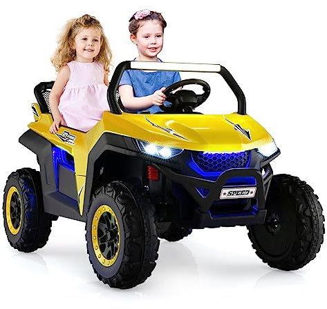 GOPLUS 12V Kinder Elektroauto, 2-Sitzer Kinderfahrzeug mit 2,4 GHz Fernbedienung, Scheinwerfer, Musik, Coolen Lichteffekten & Aufbewahrungstasche, Kinderauto mit Langsam Start für 3-8 Jahre (Gelb)