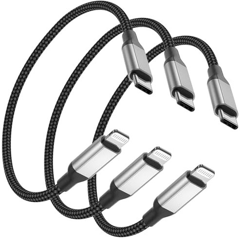 Lot de 3 câbles USB C vers Lightning courts de 30 cm - Certifié MFi - Câble de charge rapide en nylon et câble de données pour iPhone 14 13 12 11 Mini Pro Max X XS XR 8 7 6 Plus SE iPad - Noir