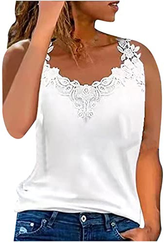 Vest Tops for Women UK Lace Summer Tops Sleeveless Vest T Shirts Loose Tunic Shirt Cotton Camisole Top Ladies Casual Tee Shirts Going Out Top Summer Tee Tops Cami Shirt Lace Blouses White