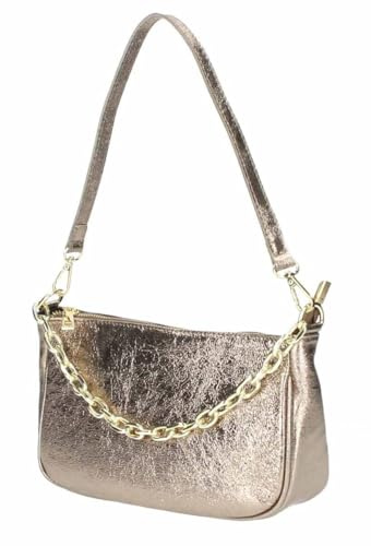Made in Italy Damen Leder Tasche Pochette mit Kette Schultertasche Handtasche City Bag Umhängetasche Clutch Ledertasche Bodybag Schmucktasche Crossbody Cross-Over Bronze