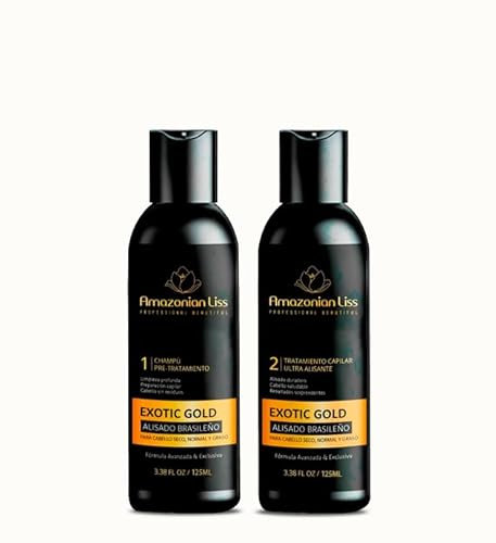 Kit Alisado Brasileño Orgánico Profesional Premium - Reconstructor, Nutritivo e Hidratante - Protección Térmica - Larga Duración - Sin Formol - Alisado Keratina Amazonian Liss Exotic Gold (125ml)