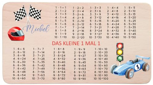 minimutz Holzbrettchen Rechnen 1Mal1, personalisiert mit Name, Buntes Frühstücksbrett 1 Mal 1 zum Lernen, Lernbrettchen Einmaleins bunter Aufdruck Rennauto