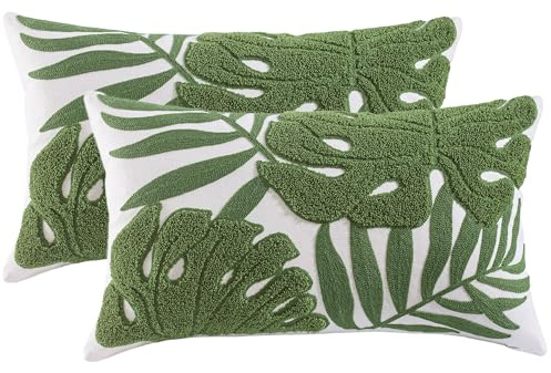 Tosleo Kissenbezüge, bestickt, Motiv: grüne tropische Blätter, 30,5 x 50,8 cm, 2 Stück, Monstera-Palmenblätter, Couch-Kissenbezüge, Botanische Pflanze, Kissenbezug, Frühling, Sommer, Heimdekoration