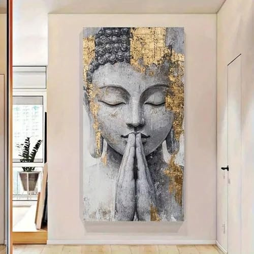 GOSRD Leinwandbild, Motiv: Ruhiger Buddha mit goldenen Akzenten, Wandkunst, Poster, Schlafzimmer, Wohnzimmer, Dekoration, moderne Heimdekoration, 30 x 60 cm, rahmenlos