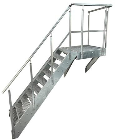 Premium Podesttreppe Wangen- Stahltreppe 10 Stufen Höhe 190 cm inklusive Podest 100x100cm mit oder ohne Geländer komplett verzinkt Wetterfest Gitterroststufe (Ausrichtung Treppe Links)