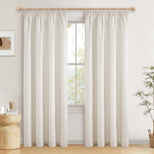 JIUZHEN Gardinen Wohnzimmer Leinen Vorhänge Schlafzimmer Leinenoptik Beige Gardine mit Kräuselband Halbtransparent 2er Set H 225 x B 140 cm für Kinderzimmer Moderne Natur Vorhang, Leinen