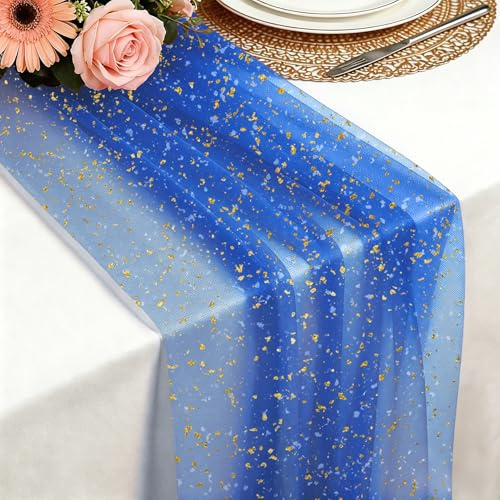 Foatcox Tischläufer Blau, 75X 300 cm Leichter und fließender Tischläufer Gaze Tüll Glitter GoldfolieTischläufer für Boho Hochzeit, Geburtstagsfeier, Weihnachten, Neujahrsparty Küche Tisch Dekoration