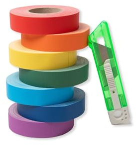 Modulor Gewebeband-Set Gaffa, beschichtetes Klebeband im Rainbow-Set inklusive 1 Cutter, stark haftendes Gaffa-Tape, 7 Rollen 19 mm x 12,5 m, rot, orange, gelb, grün, hellblau, blau, lila