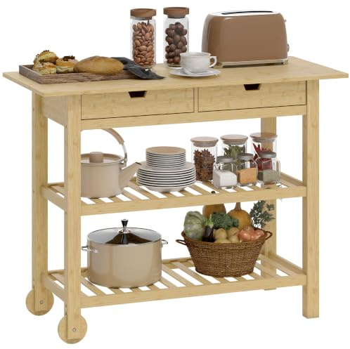 HOMCOM Carrello Cucina in Bambù Salvaspazio 100x43x75 cm Color Legno | 2 Rotelle E 2 Gambe, 2 Ripiani a Doghe E 2 Cassetti, Carrellino Portaoggetti Multiuso per Soggiorno