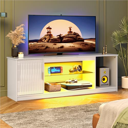 Bestier 56 Inch High Gloss Wavy Fluted LED TV Stand with Ample Storage, Cabinets & Adjustable Glass Shelves, Fits 45-65 TV Entertainment Centre, Bright White