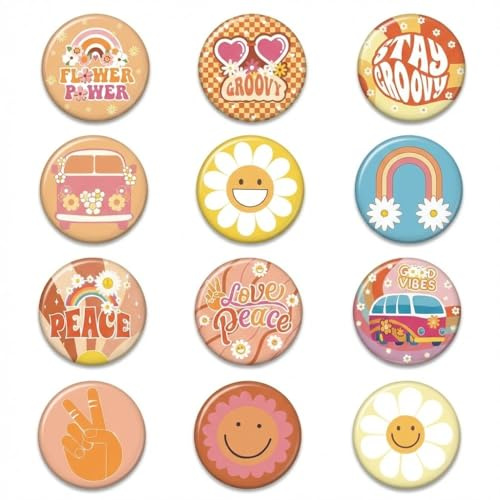 Gleemix 12 Stück Hippie Buttons Anstecker, Groovy Retro Pins Anstecker, 60er/70er Hippie Accessoires, Frieden Zeichen Flower Power Button für Fashing, Karneval, Hippie-Kostüm Deko