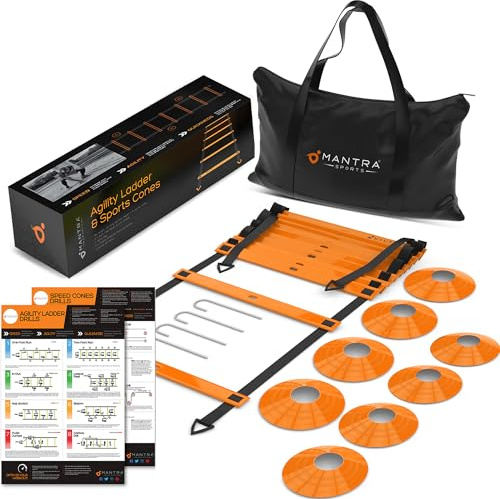 MANTRA SPORTS Fussball Trainingszubehör Kinder & Erwachsene, Koordinationsleiter mit Fussball Hütchen Set, 8 Hütchen Fußball Trainingsset mit Trainingsleiter