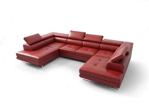 O-Sofa Wohnlandschaft Praga Design U, Eckcouch in U-Form mit Schlaffunktion, Farbe: Rot, Kunstleder, Ottomane Universal