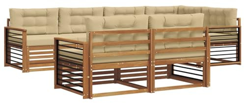 vidaXL Outdoor-Sofagarnitur mit Kissen 7 pcs Natur und Beige, Balkonsofa, modernes Eckmöbel, robuster Lounge, Terrassen-Sitzgruppe, bequemer Gartenstuhl