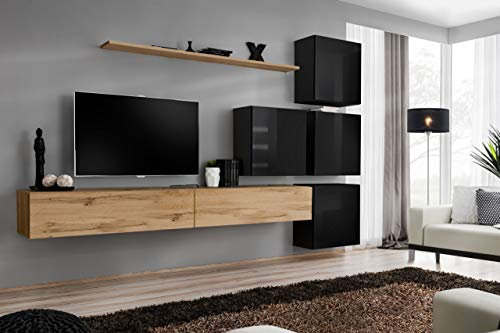 All4All Wohnwand SW 9 - Wohnzimmermöbel - Schrankwand für Wohnzimmer - Wohnzimmerschrank - Anbauwand - Wohnwand Hängend - Modern - Wotan+Schwarz 21