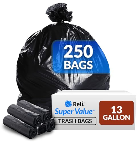 Reli. Trash Bags, 13 Gallon (Wholesale 250 Count) - Star Seal High Density Rolls (Black) - Can Liners, Garbage Bags with 13 Gallon (13 Gal) to 16 Gallon (16 Gal) Capacity