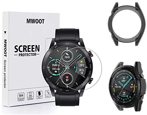 MWOOT Compatibile con Honor MagicWatch 2 46mm Smart Watch Pellicola Protettiva Vetro e Custodie Protezione in Silicone [2+1], Anti Graffi Pellicole Protettive per Protezione dello Schermo - Nero
