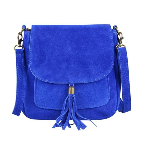 Made in Italy Damen Leder Tasche Messenger Bag Henkeltasche Wildleder Handtasche Umhängetasche Ledertasche Schultertasche Beuteltasche Fransen Cross-Over Königsblau