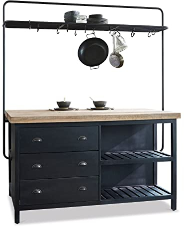 Loberon Küchenblock Anett, Industrial-Style, Großzügige Arbeitsfläche, viel Stauraum, Praktische Gitterablage, Kücheninsel, Küchenmöbel, Mangoholz, Eisen, schwarz/braun
