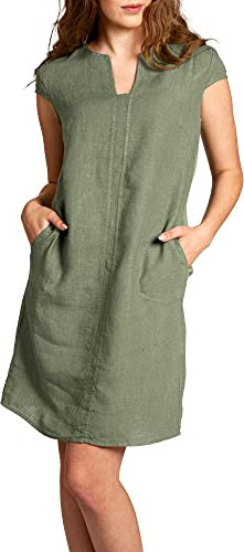 Caspar SKL036 Damen Sommer Leinenkleid mit ausgefallenem Ausschnitt, Farbe:Oliv grün, Größe:L - DE40 UK12 IT44 ES42 US10