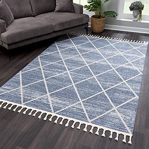 payé Teppich Wohnzimmer Kurzflor - Blau Cream - 120x170cm - mit Fransen Rauten Muster Deko Boho Schlafzimmer Flur Dekoration Läufer Kinderzimmer - Skandinavische Teppiche