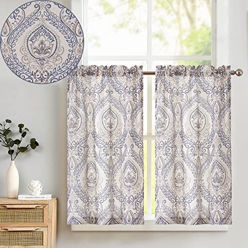 TOPICK Cortina de Cocina con Flores de Lino Vintage con Bolsillo para Varilla Translúcido Aptas para Cocina Salón Lavadero y Pequeñas Ventanas Azul Juego de 2 Unidades 65 x 115 cm