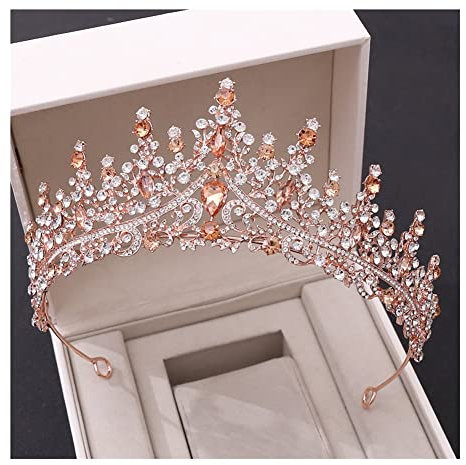 BJQZX Couronne Rétro Crystal Tiaras Crown Rose Gold Pêche Rhouse Strifestone De Peau Diadem Bandeau Bandeau De Mariée Accessoires for Cheveux de Mariage (Metal Color : Rose Gold, Type : Headbands)