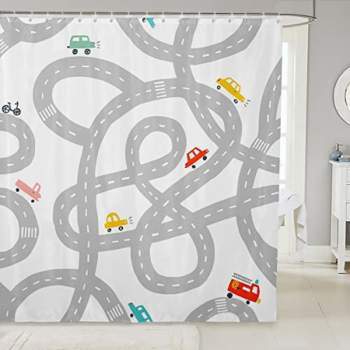 Loussiesd Car Bathroom Curtain Cartoon Road Shower Curtain For Kids Boys Children Cute Vehicle Print Bath Curtain Trippy Road Fabcri Curtain 72x78 Inch
