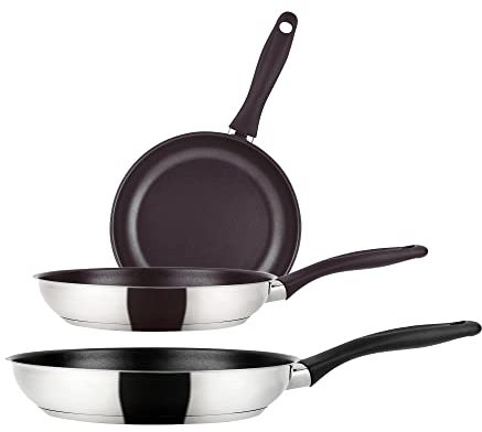 Fagor Enara Lot de 3 poêles à induction 18-20-24 cm, acier inoxydable, revêtement anti-adhésif écologique XYLAN PLUS sans PFOA, fond diffuseur à 3 couches, convient pour tous les types de cuisinières,