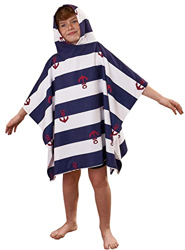 DREAMSCENE Anchor Handtuch Poncho mit Kapuze für Kinder, Jungen, Mädchen, Bad, Schwimmen, Strand, saugfähige Mikrofaser, Wickelmantel, Marineblau, Weiß, Einheitsgröße für Kinder, Jungen, Mädchen