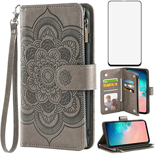Asuwish Handyhülle für Samsung Galaxy S10e Hülle mit Folie Schutzfolie Kartenfach Klappbar Leder Blumen Geldbörse Ständer S 10e Handy Hüllen Schutzhülle Schutzglas Panzerfolie Wallet Phone Case Grau