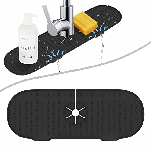 RYHX Plateau attrape-gouttes en silicone avec poignée de robinet - Tapis absorbant pour évier de cuisine et de salle de bain - Noir