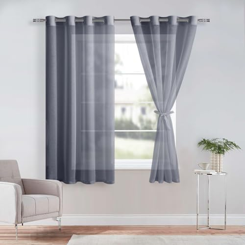 DWCN 2er Set Sheer Voile Vorhänge mit Ösen Transparente Gardinen mit Vorhang-Krawatten Vorhang weiß für Wohnzimmer, Dunkelgrau, 175x140cm(HxB)