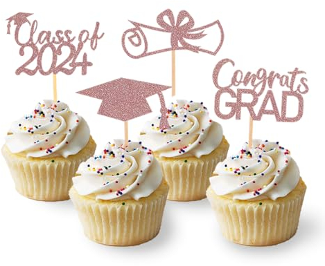 24 Stück Glitzer 2025 Graduation Cupcake Toppers, Abschluss Deko, Bachelor Hut Deko für Abschlussfeier Party, Graduation Dekoration (Rosegold)