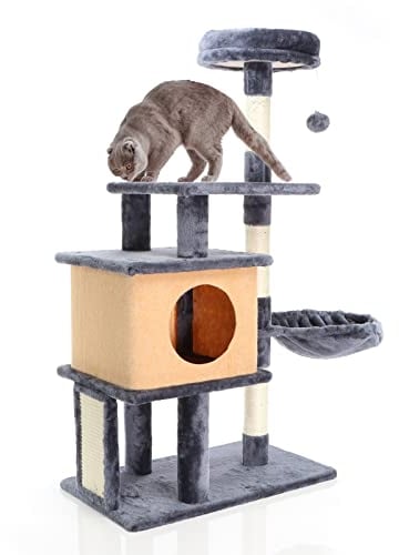 Fudajo Arbre à chat gris foncé Hauteur 112 cm – Avec niche, hamac et plateformes – Mobilier pour chat avec Griffoir intégré - Meuble pour chats avec planche à gratter