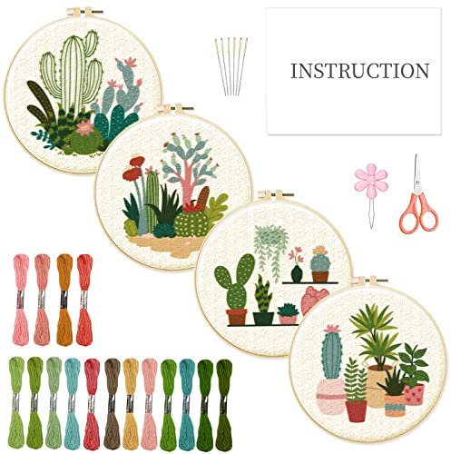 INFUNLY 4pcs Cactus Embroidery Kit Embroidery Starter Kits Cactus Cross Stitch Kits for Adults Stamped Embroidery Set with Patterns Embroidery Kit for Beginners Instruction Included