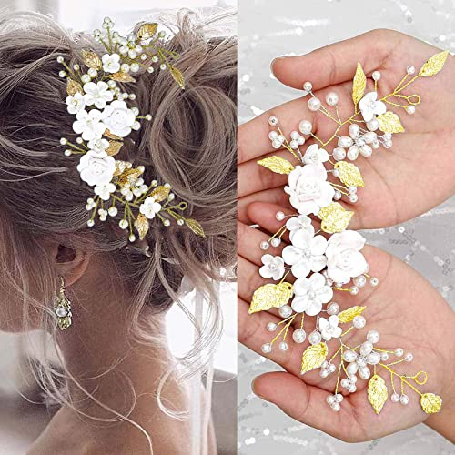 Brateuanoii Mariage Feuilles Vignes De Cheveux, Fleurs de Mariage Cheveux Vigne Mariée, Perle Bandeau de Mariage Bijoux de Cheveux de Mariée, Coiffure Perlée pour Femmes et Filles(Couleur Or)
