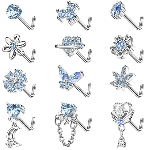 Kakonia 12Stück 20G Nasenpiercing Stecker für Damen Edelstahl Nasenstecker Silber L S Form Korkenzieher Piercing Nase Nose Stud Nostril Piercing für Damen