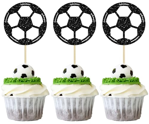 24Pcs Soccer Ball Cupcake Toppers Black Glitter Sports Theme Football Cupcake Food Picks Sport Balls Baby Shower Wedding Birthday Party Cake Decorations Supplies