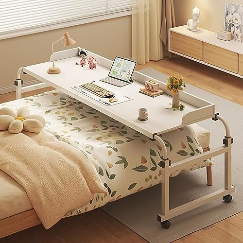 SZITW Table de lit avec roulettes, Extensible de 140 à 210 cm, Mobile, Chariot pour Ordinateur Portable, Peut être surélevé de 65 à 95 cm, Table d'ordinateur roulante au-Dessus du lit, Table de So