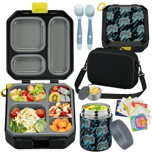 wiwens Bento Lunch Box for Kids with 12oz Soup Thermo Leak-Proof Lunch Food Container with 5 Compartment Thermo Hot Food Jar and Insulated Lunch Bag for Kid Toddler Girls Boys to School