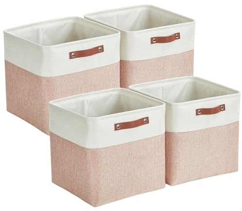 Mangata Collapsible Storage Cube Boxes, 30CM Cube Linen Woven Fabric Storage Baskets with Leather Handles 4PCS(Pink and White)
