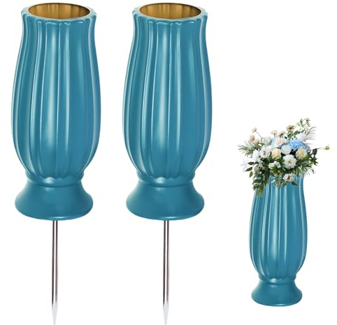 Grabvase mit Erdspieß, 2 Stück Frostsicher Steckvase für Grab, Friedhofsvasen mit Spikes von Drainage, Vase Friedhof mit Abnehmbarer, Dekorationsfriedhof für Künstliche Blumen, 28×22×11cm