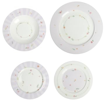 Brandani 51136 TAVOLA 18 PZ POLLINE LILLA NEW BONE CHINA, piatto piano cm d 27, piatto fondo cm d 22, piattino: cm d 19,5, delicati fiori e boccioli, Lavastoviglie, Microonde, Forno, Freezer