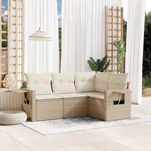 Faroom Balkon Sofa mit Stauraum Gartensofa 3 Sitzer Lounge Sofa Outdoor Rattansofa Sitzecke Balkon Lounge Klein Couch Gartenlounge Polyrattan Balkonmöbel beige and Cream 4-tlg-Type-A256