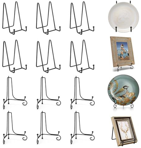 Chostky 12Pcs Black Iron Plate Display Stands, 6 Inch, Foldable & Fixed, Picture Frame, Book, Mini Easel, Card, Plaque, Bowl, Collectibles, Tabletop Art