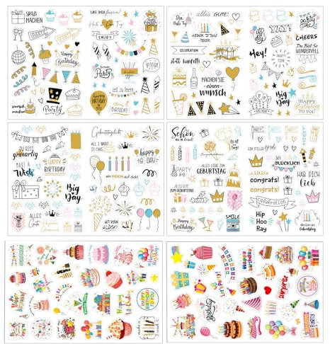 Sticker Geburtstag 280 Motive Geburtstagssticker Sticker Gästebuch Geburtstag für Kinder Erwachsene Selbstklebende Aufkleber Geburtstag Birthday Party Fotosticker Geschenk für Fotoalbum Scrapbook