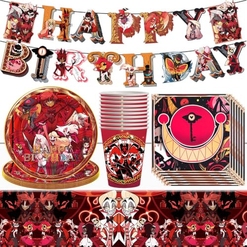 PLNVNVP Stoviglie a Tema Anime Hotel - 42PCS Set per Festa di Compleanno con Striscioni di Buon Compleanno e Decorazioni