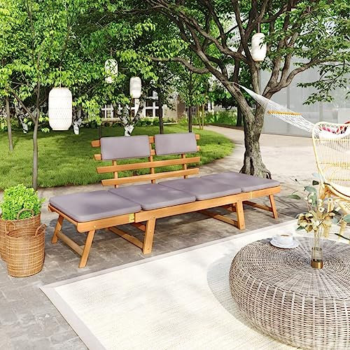 SDWEHO7 Gartenbank mit Auflagen und verstellbaren Seitenteile, 2-in-1 Sonnenliege, Sitzbank, Gartenliege, Tagesbett für Garten, Terrasse und Balkon, 190 cm Massivholz Akazie